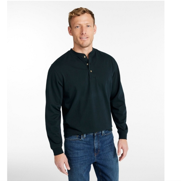 LL Bean Carefree Unshrinkable Long Sleeve Henley Tee T Shirt Size XL Solid Black - Picture 1 of 11